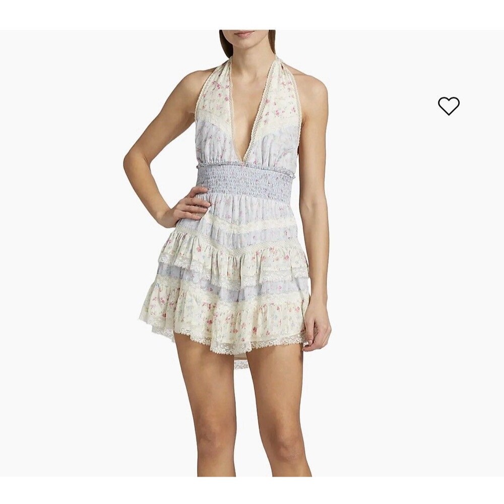 Loveshackfancy Prim Halterneck Floral Silk Minidress Pearled Blue Medium AUTH - Picture 1 of 7